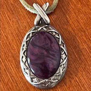 Adrienne Picard Silver Tone & Purple Stone Oval Pendant Necklace on leather cord